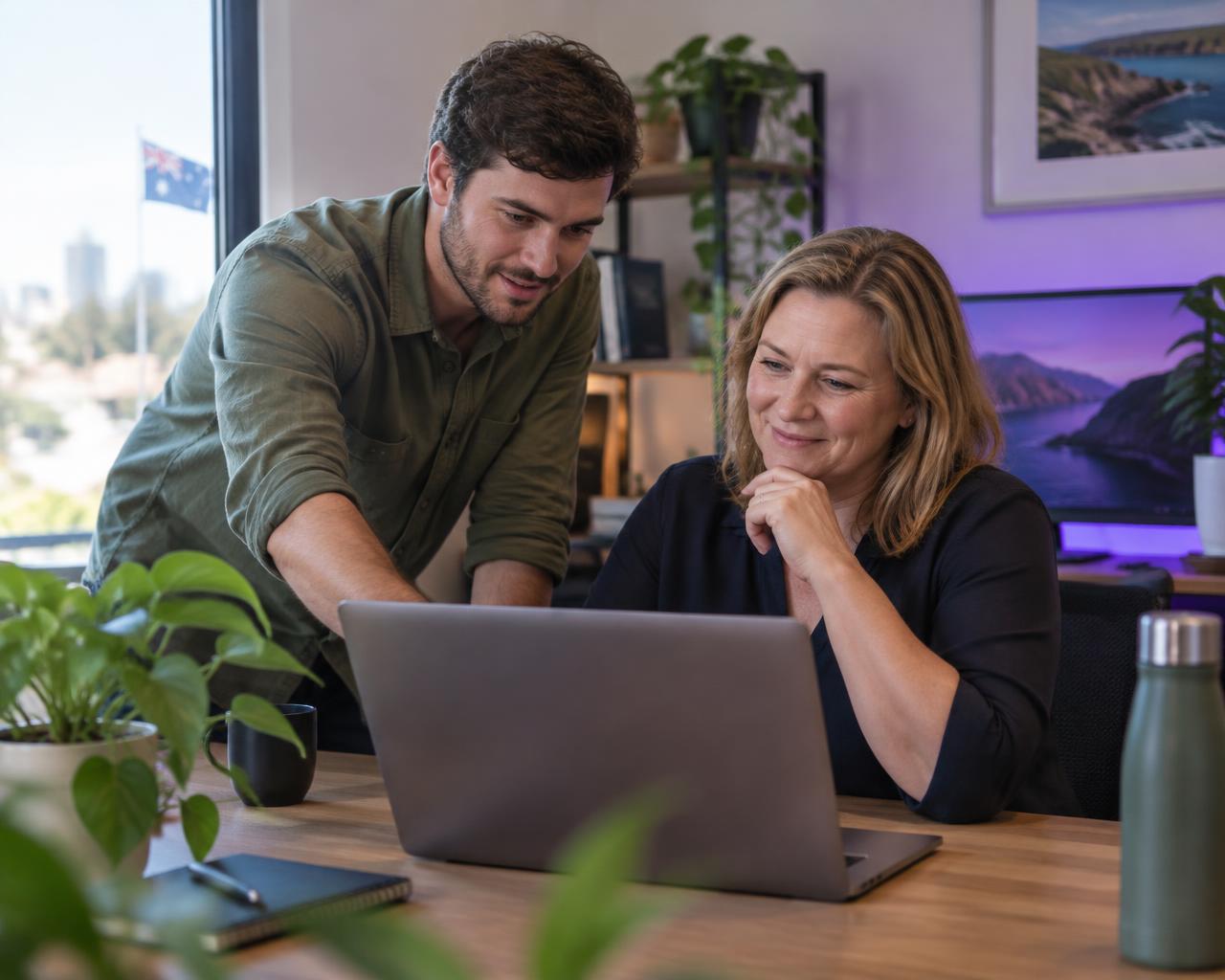 An IT engineer helping a business owner in an office