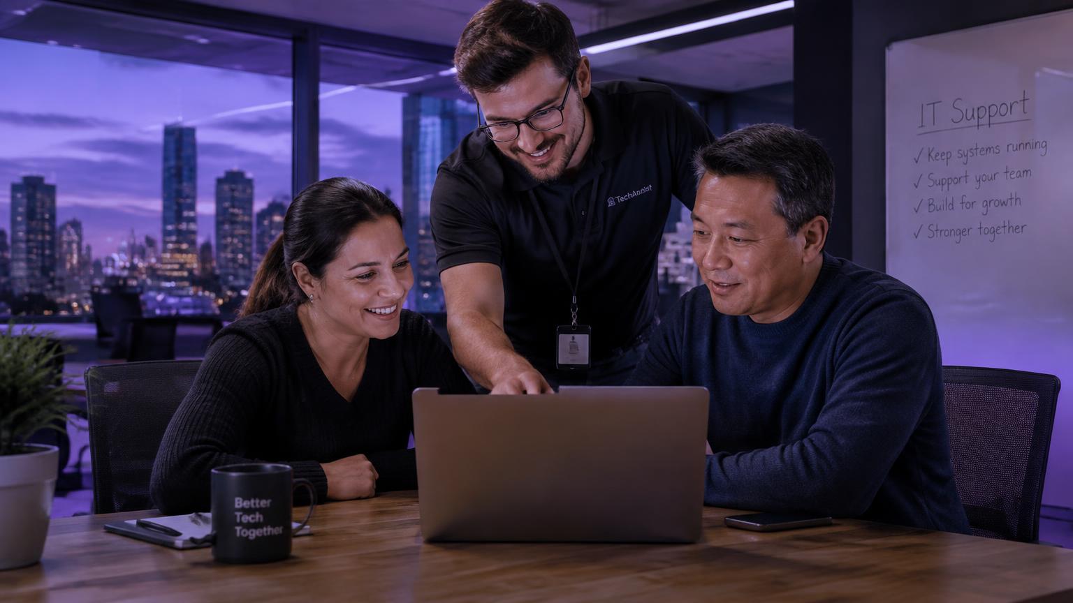 IT engineer helping two business staff at a laptop