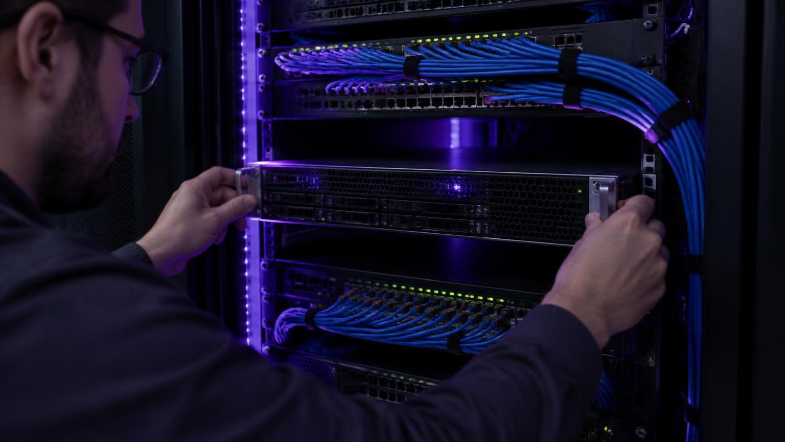 Technician installing a server into a network rack