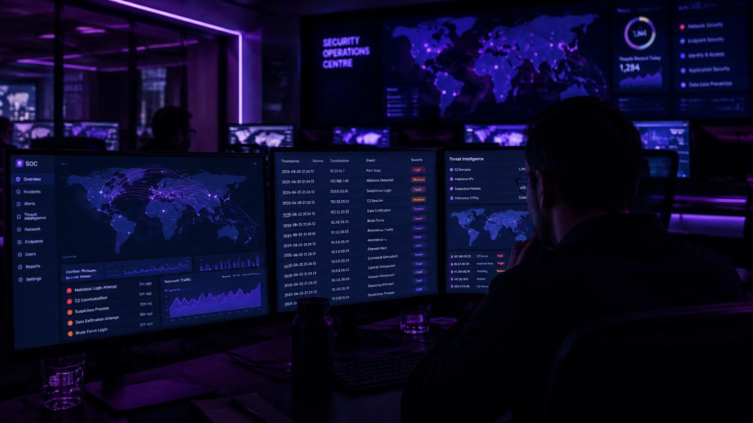 Security analyst monitoring threat dashboards in an operations centre at night